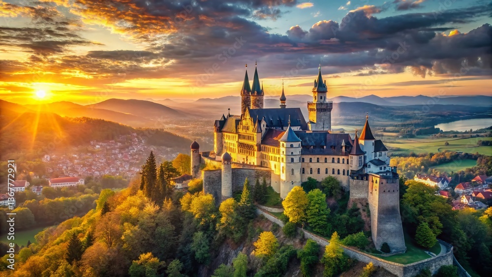 Fototapeta premium Majestic Castle Dawn: Cityscape Morning Panorama