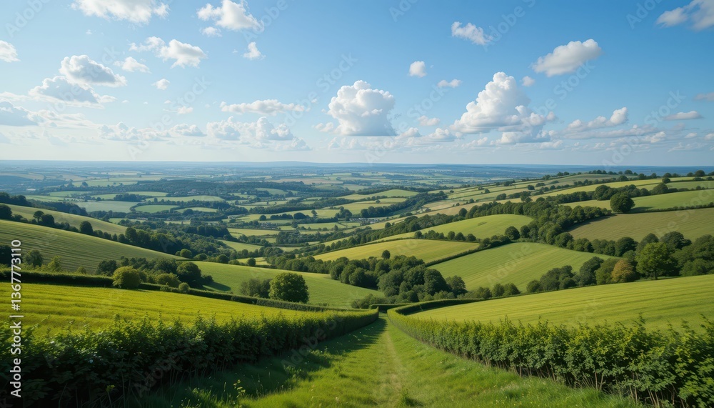 Fototapeta premium Lush Green Countryside with Rolling Hills and Blue Sky Background