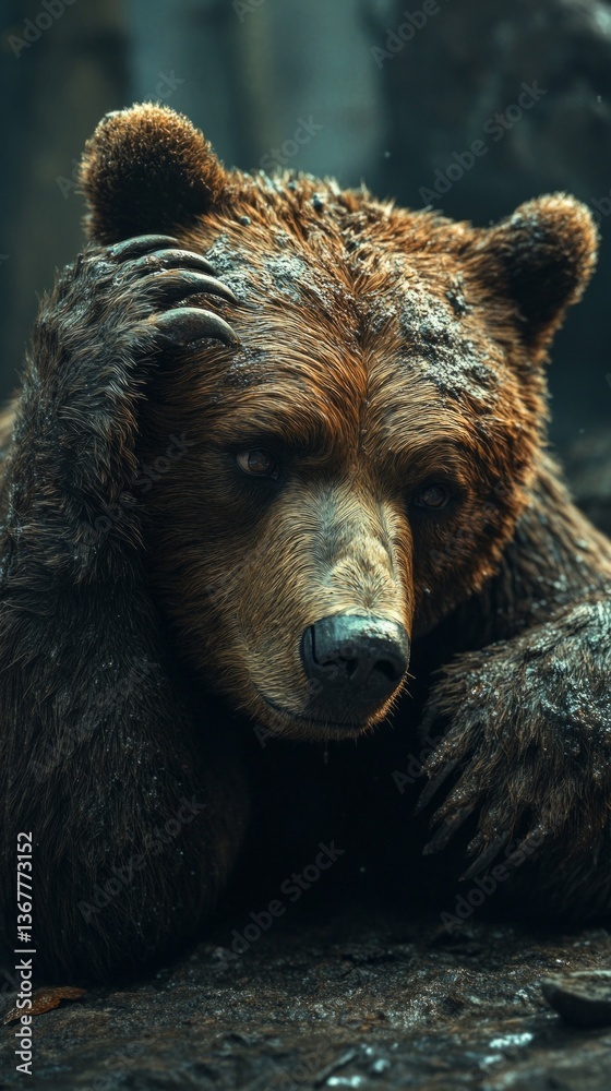 A powerful portrait of a brown bear in the wild, showing its strength and majesty. Suitable for illustrations about nature, wildlife and ecology. A powerful portrait of a brown bear in the wild, showing its strength and majesty. Suitable for illustrations about nature, wildlife and ecology.