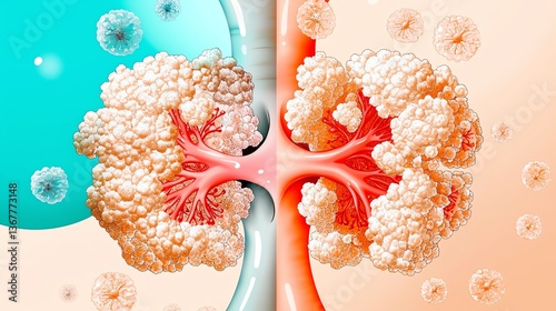 hand-drawn vector illustration of exchange of gases across alveolar membrane, highlighting transport and exchange process, clean infographic layout, precise and informative tone photo