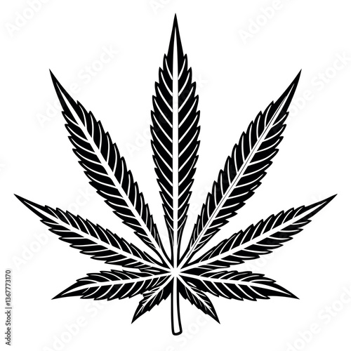 A black and white illustration of a cannabis leaf.