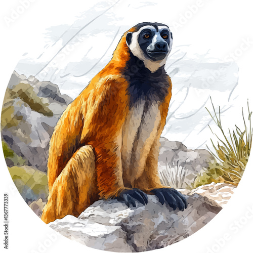 A watercolor painting of a gibbon, isolated on a white background. Gibbon vector.

