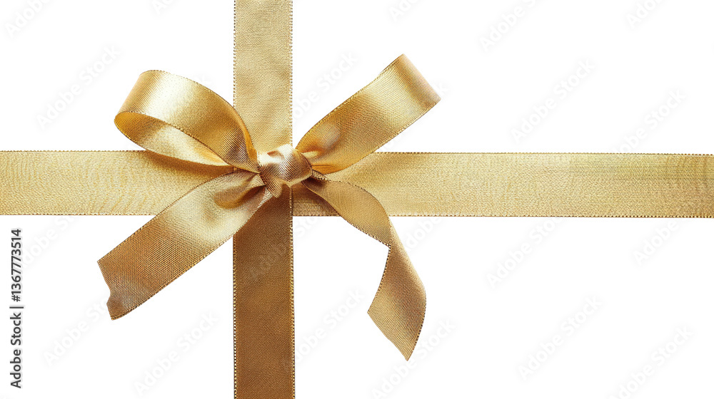 Fototapeta premium Gold Bow and Ribbon: A simple composition of a luxurious gold ribbon tied into a perfect bow, suggesting gift and celebration. This image is clean, elegant and minimalist.