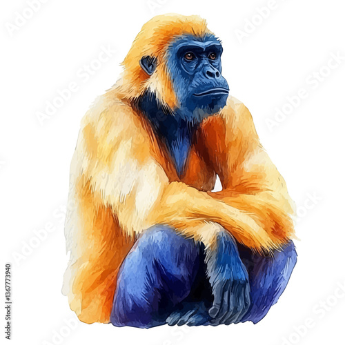 A watercolor painting of a gibbon, isolated on a white background. Gibbon vector.

