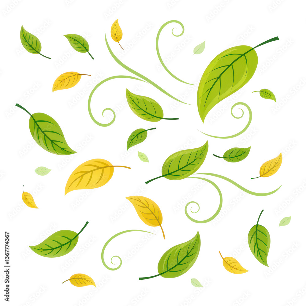 A vibrant assortment of green and yellow leaves swirling in a whimsical pattern. A vibrant assortment of green and yellow leaves swirling in a whimsical pattern.