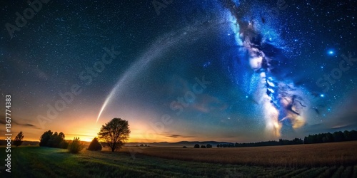 Majestic Comet Streaking Across Night Sky Over Moonlit Fields