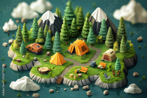 Forest Trekking and Camping - Isometric Perspective