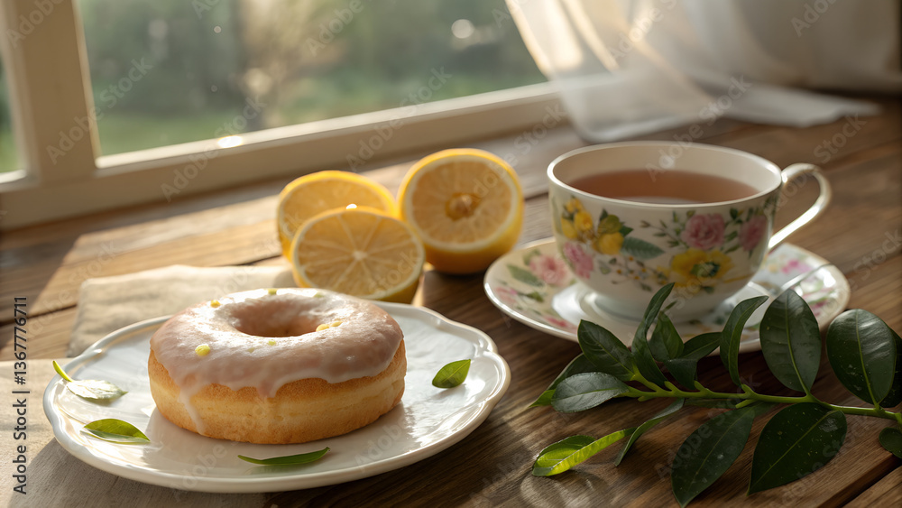 Elegant Tea Time with Lemon Glazed Donut by the Window Elegant Tea Time with Lemon Glazed Donut by the Window