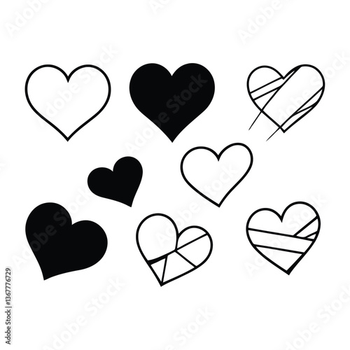 A black and white vector silhouette of a hand-drawn heart set, featuring sketchy, textured, and artistic heart designs on a white background