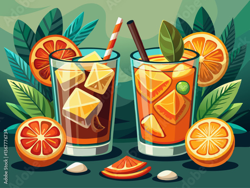 vector of Fresh cocktail with orange and ice. Alcoholic, non-alcoholic dri