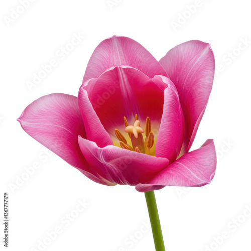 Close up of a single pink tulip flower with yellow center and green stem isolated on a transparent background