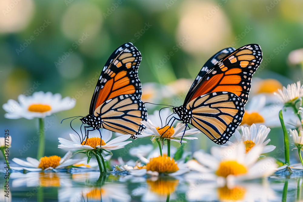 Fototapeta premium Two monarch butterflies on white daisies near calm water, reflecting the scene. Illustrates nature's beauty and serenity, ideal for a peaceful or eco-themed design