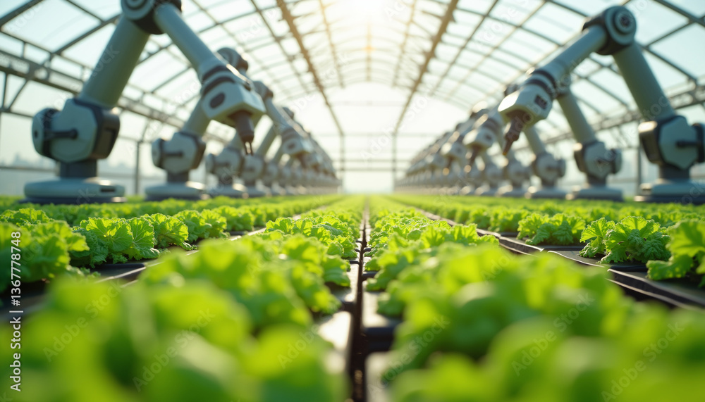Automated Farming Robots in High-Tech Greenhouse with Fresh Lettuce Automated Farming Robots in High-Tech Greenhouse with Fresh Lettuce