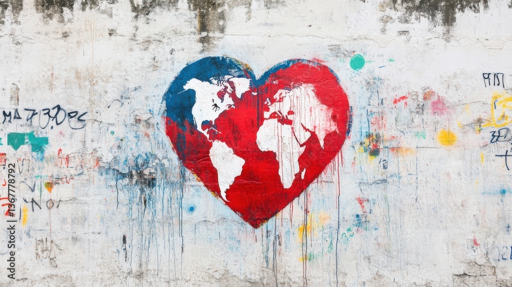 Fototapeta premium Earth Day sustainability activism Graffiti art depicting a heart with a world map, symbolizing love and unity across cultures.