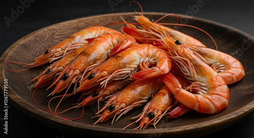 Freshly Caught Shrimp Piled on Wooden Platter  