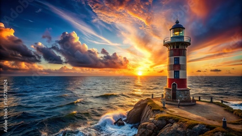 Majestic Lighthouse Silhouette at Sunset, Coastal Seascape Photography