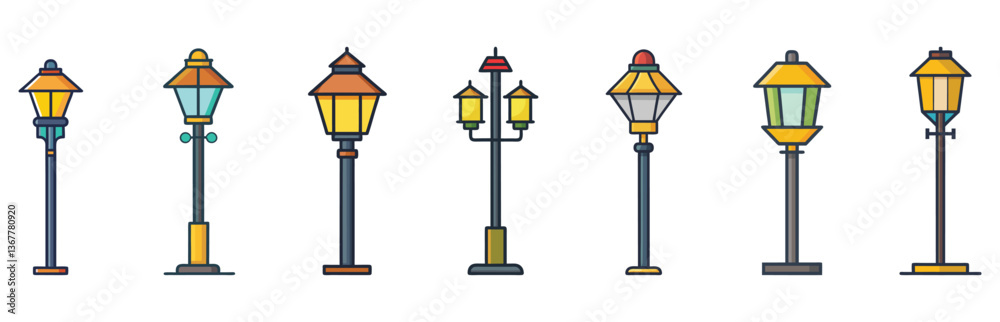 Vector Illustration of Street Lamp Designs, A series of different street lamp designs with colorful and varied styles, perfect for urban and outdoor themes.
Vector Illustration of Street Lamp Designs, A series of different street lamp designs with colorful and varied styles, perfect for urban and outdoor themes.