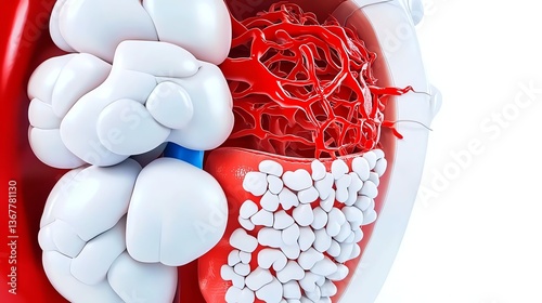 schematic medical diagram of spleen anatomy showing pulp regions clearly divided, clearly segmented white pulp and red pulp, on clean white background, clear and visual tone photo