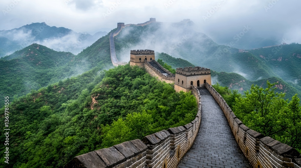 Fototapeta premium Expansive view of the Great Wall amid misty mountains in China showcasing historic architecture and lush green surroundings