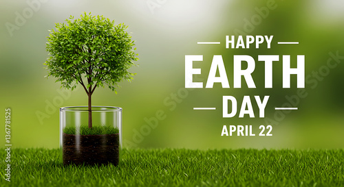 Happy Earth Day 2025: Small Tree in Glass Jar on Grass
