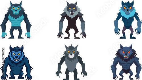 Vector Illustration of Werewolf Characters, Various stylized werewolf designs with different colors and poses, featuring a fierce and mythical appearance.
