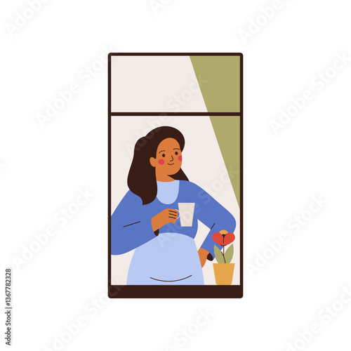 Woman drinks her morning coffee at home. in office Female holds a cup of tea and looking outside the window for breathing fresh air. Vector illustration