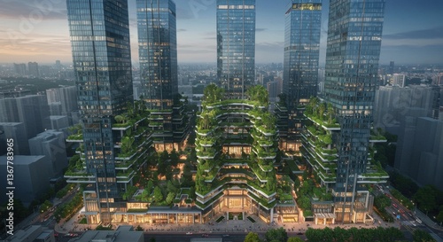 A modern business district showcases skyscrapers adorned with lush green vertical gardens, blending nature with urban architecture in a vibrant city landscape