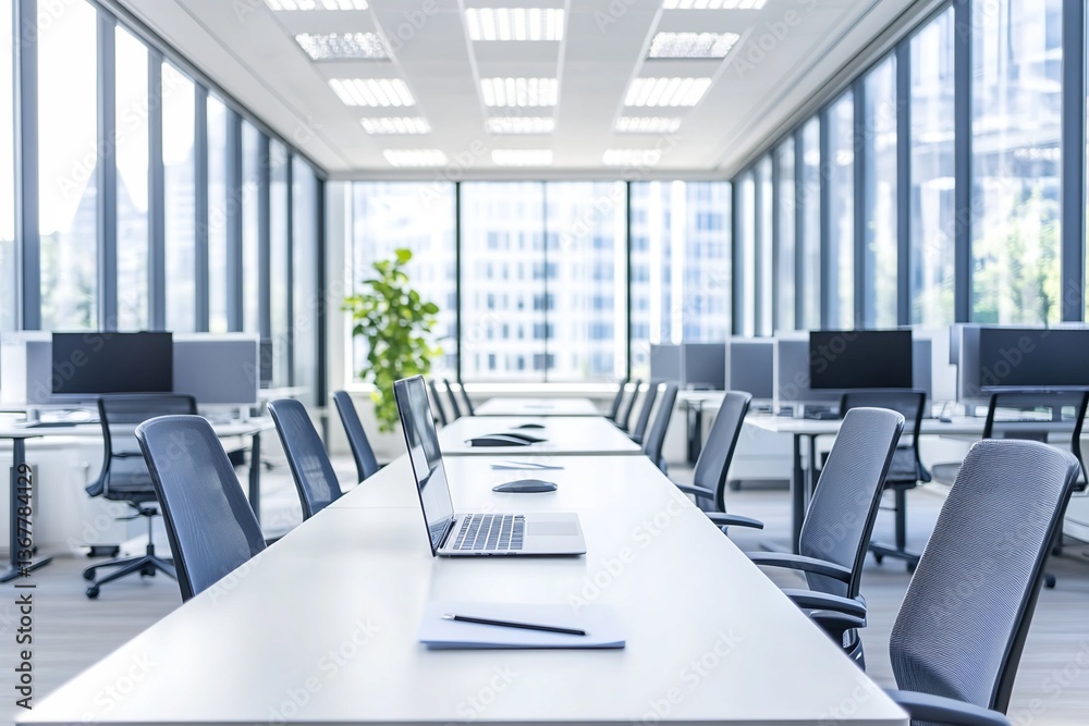 Fototapeta premium Modern Office Interior with Desk, Laptops, and City View