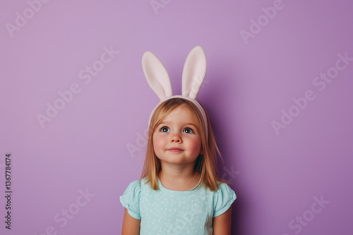 Little girl wearing a purple sweater wearing bunny ears headband photo