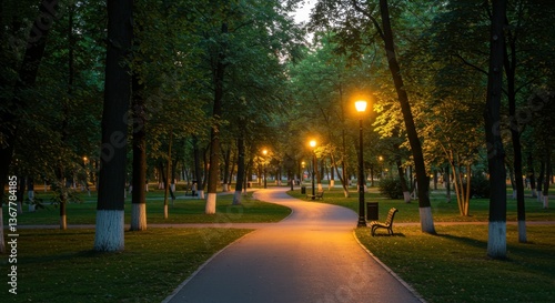 A peaceful evening in an urban park, with streetlights softly illuminating the trees and pathways, inviting leisurely strolls and serene moments
