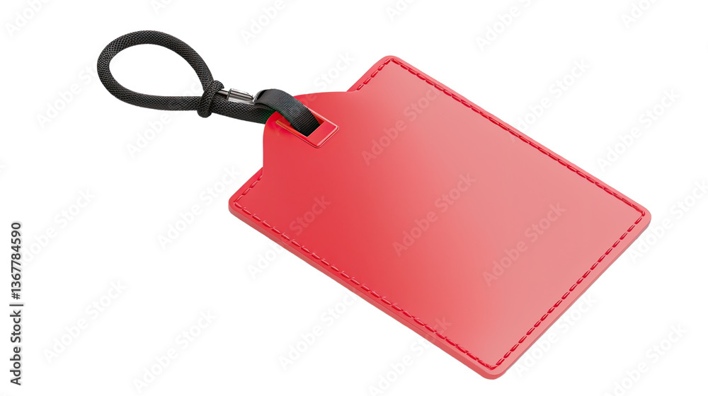 Fototapeta premium Blank Red Luggage Tag: A blank, red luggage tag with a black strap, ideal for travel, showcasing a simple, clean design, perfectly captures a sense of readiness for adventure.