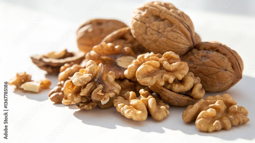 Cracked Walnuts with Shelled Nut Kernels on White Surface, Healthy Snack Option
Cracked Walnuts with Shelled Nut Kernels on White Surface, Healthy Snack Option