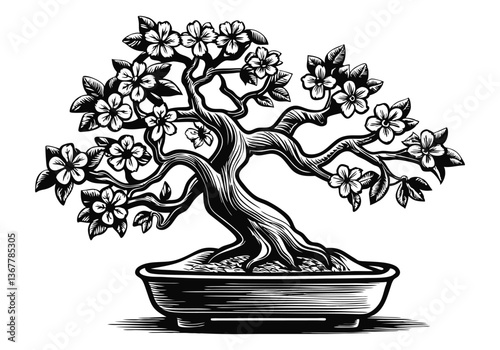 Black and white ink illustration of a bonsai tree with cherry blossoms, intricate branches, and traditional Japanese art style

