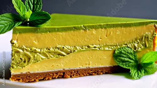 Rectangular layered matcha cheesecake with glossy green filling and cream topping on white plate, garnished with fresh mint leaves. Premium dessert advertisement concept