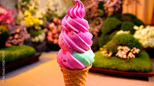 A colorful ice cream cone with bright pink and mint scoops stands upright among miniature Japanese garden ornaments. Playful fantasy fusion concept