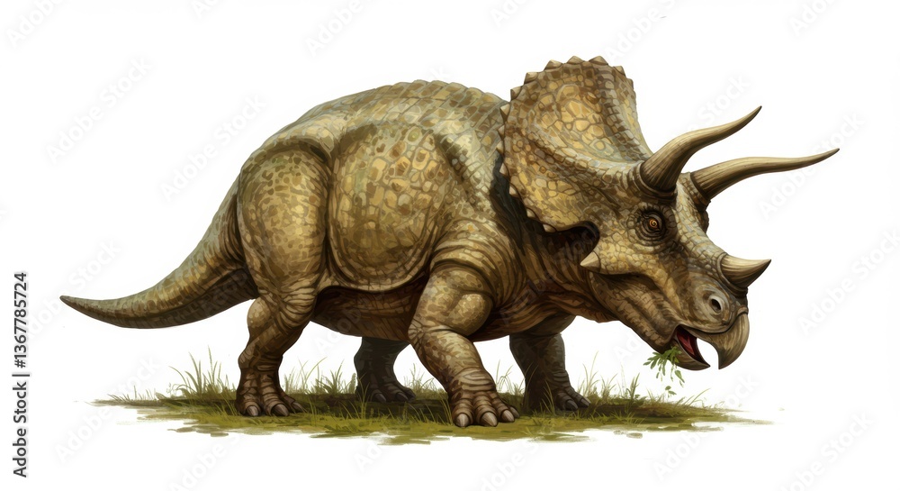 Fototapeta premium Realistic triceratops grazing: ancient dinosaur in natural habitat