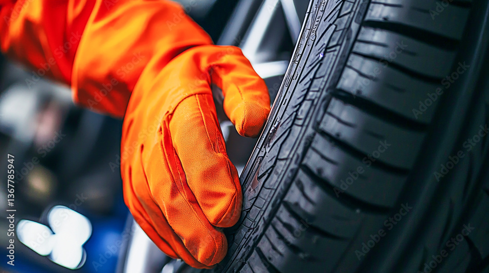 Mechanic Hand Inspecting Tire in Professional Auto Repair Shop – High-Quality Stock Photo