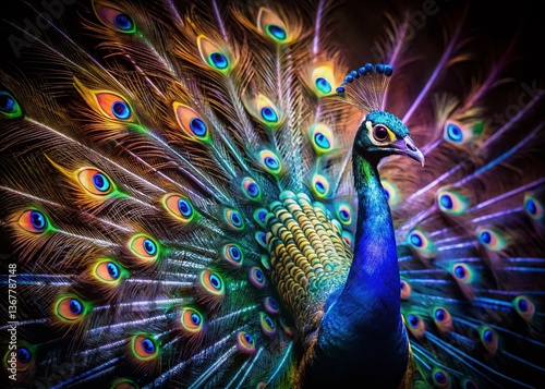 Majestic Peacock Long Exposure, Vibrant Bird Feathers, Night Photography, Artistic Blur, Colorful Wildlife