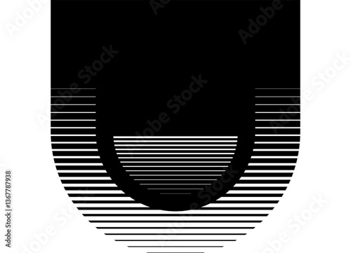 Smooth vector transition from black to white. Striped pattern of thin lines. Semicircular design element. Trendy vector background for covers, labels, stickers, advertising, packaging.