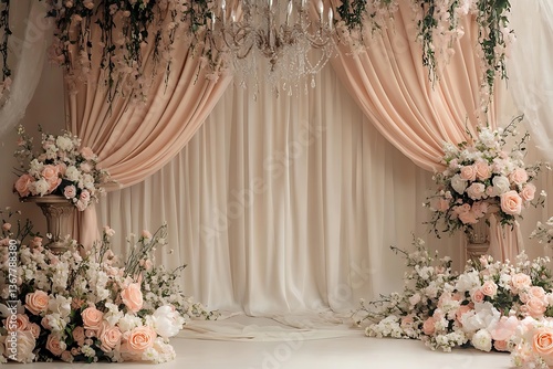 Elegant Wedding Ceremony Backdrop with Draped Fabric and Floral Arrangements. A stunning image perfect for wedding invitations, websites, or event planning.