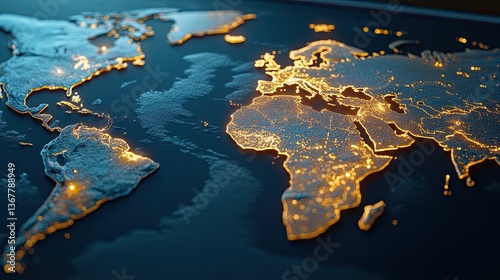 A world map illuminated by special lamps that distribute light across the continents .