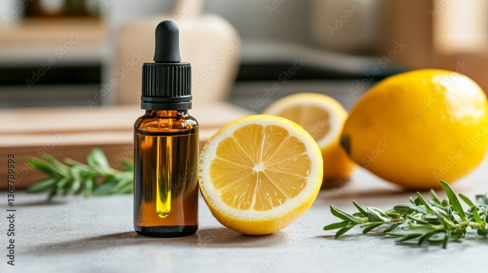 Fresh lemon slices and essential oil bottle create a vibrant natural setting for wellness and aromatherapy exploration Fresh lemon slices and essential oil bottle create a vibrant natural setting for wellness and aromatherapy exploration