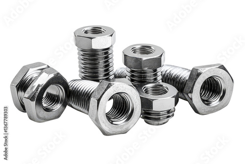 A Cluster Of Gleaming Metallic Nuts And Bolts, Meticulously Arranged, Showcasing Industrial Precision And Strength With A Bright, Clean Background Isolated on Transparent Background