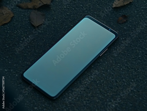 A modern smartphone device laying on a textured dark surface