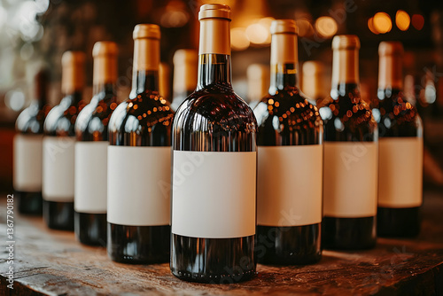 Collection of wine bottles with blank labels displayed in a rustic setting. Generative AI. photo