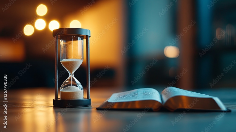 Golden sand flows through an antique hourglass beside an open Bible on a rustic wooden table, softly lit by candlelight, creating a contemplative atmosphere around time Golden sand flows through an antique hourglass beside an open Bible on a rustic wooden table, softly lit by candlelight, creating a contemplative atmosphere around time