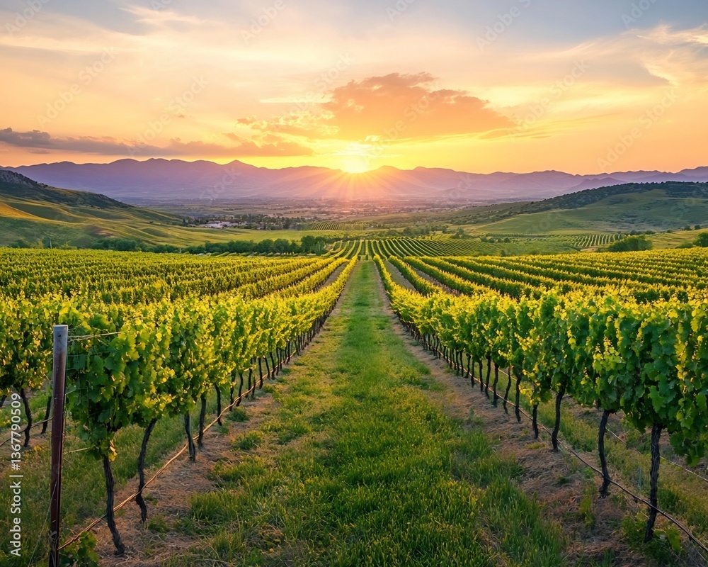 Fototapeta premium Vineyard at Sunset with Mountain View