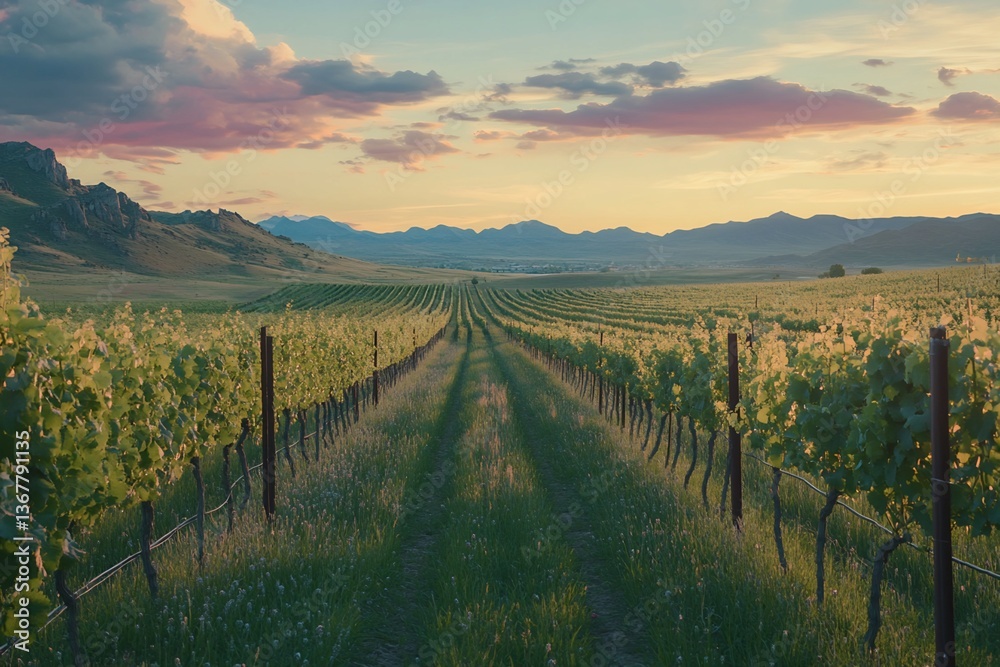 Vineyard Rows and Mountain Landscape at Sunset Vineyard Rows and Mountain Landscape at Sunset