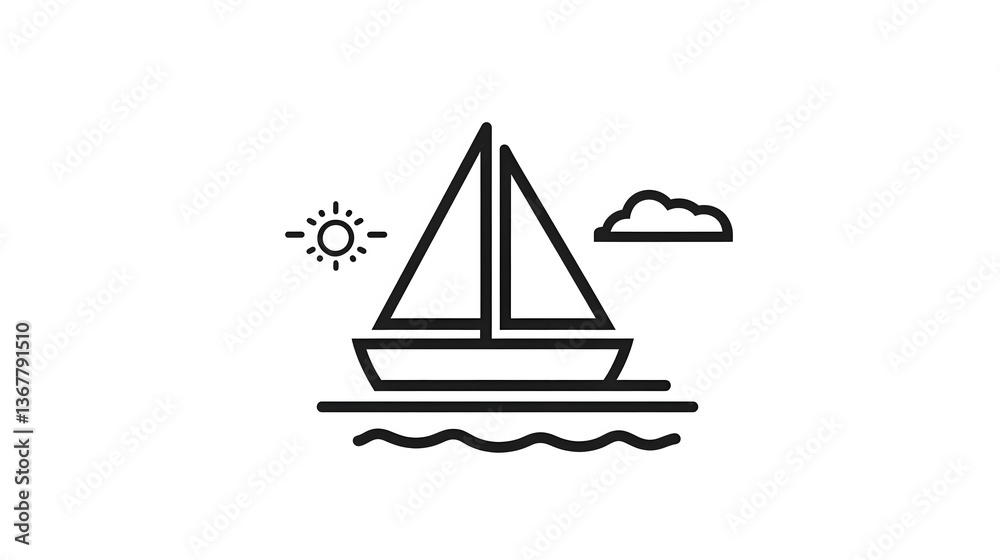 Sailing Vessel Icon: A Simple Line Art Depiction of a Sailboat on the Ocean Under a Sunny Sky Sailing Vessel Icon: A Simple Line Art Depiction of a Sailboat on the Ocean Under a Sunny Sky