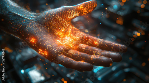 Hand holds a glowing virtual cyber weapon amidst a dark, intricate cyberpunk world filled with holographic code